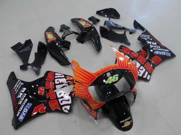 1998-1999 Glossy Black Orange Rossi Honda CBR900RR 919 Motorcycle Fairings