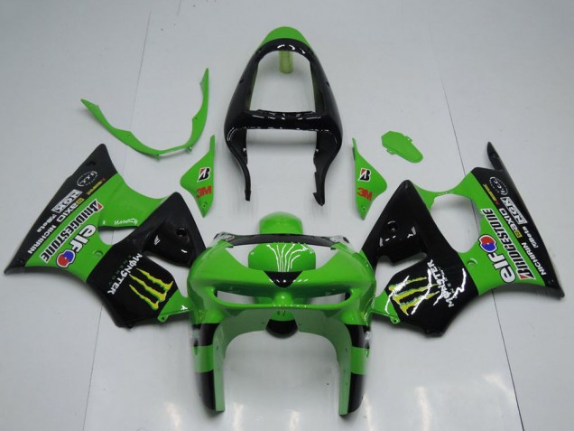 1998-1999 Green Glossy Black Yellow Elf Bridgestone Monster Kawasaki ZX6R Motorcycle Fairings