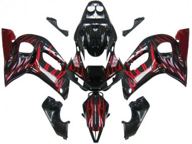 1998-2002 Glossy Black Red Flame Yamaha YZF 600 R6 Motorcycle Fairings