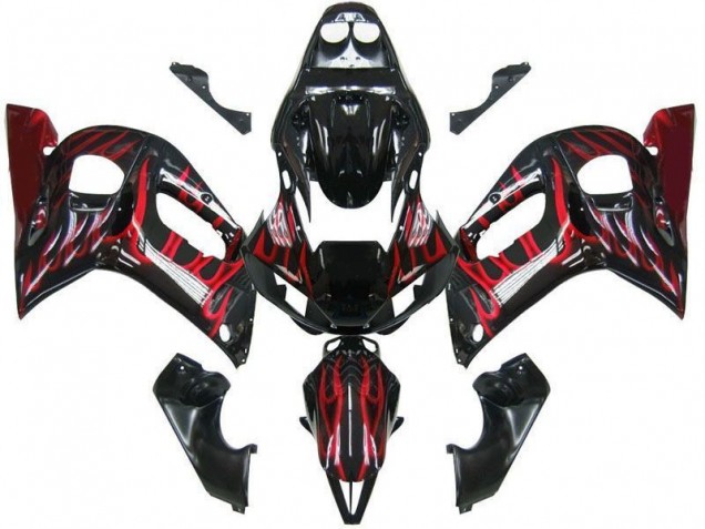 1998-2002 Glossy Black Red Flame Yamaha YZF 600 R6 Motorcycle Fairings