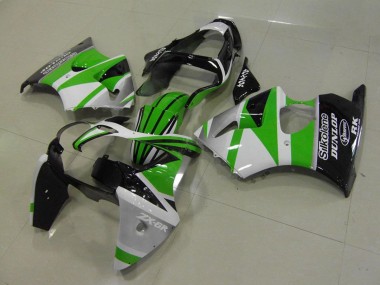 2000-2002 White Green Glossy Black Stripe Silkolene Dunlop Kawasaki ZX6R Motorcycle Fairings