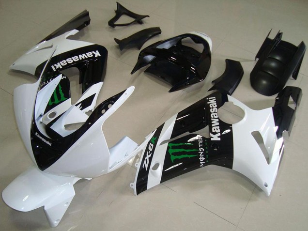 2003-2004 White Glossy Black Green Monster Kawasaki ZX6R Motorcycle Fairings