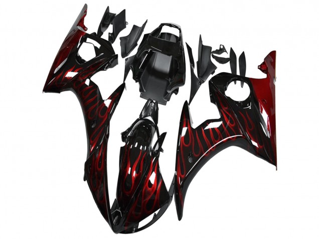 2003-2004 Glossy Black Red Flame Yamaha YZF R6 Motorcycle Fairing