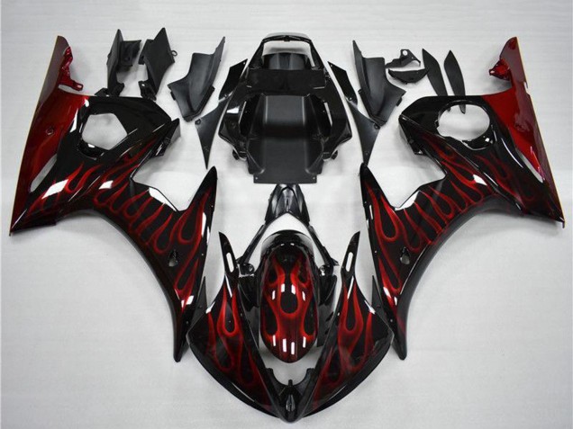 2003-2004 Glossy Black Red Flame Yamaha YZF R6 Motorcycle Fairing