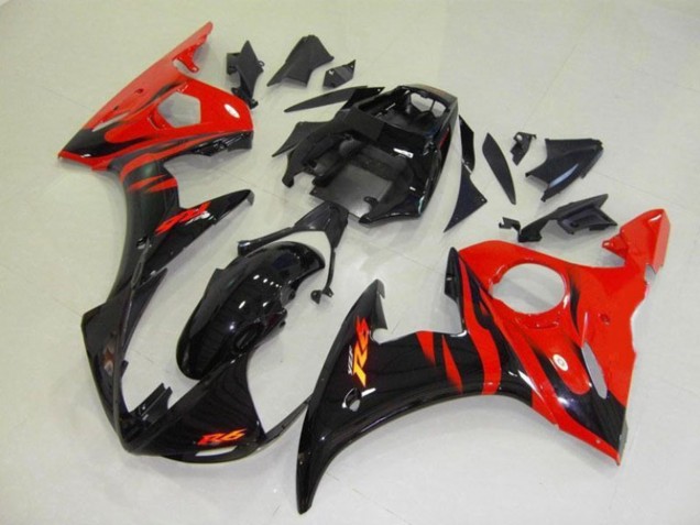 2003-2004 Glossy Black Red Flame Yamaha YZF R6 Motorcycle Fairings