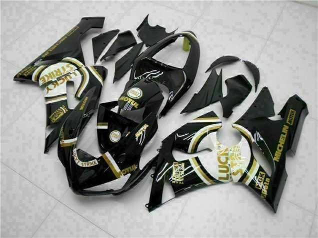 2005-2006 Glossy Black White Gold Lucky Strike Kawasaki ZX6R Motorcycle Fairings
