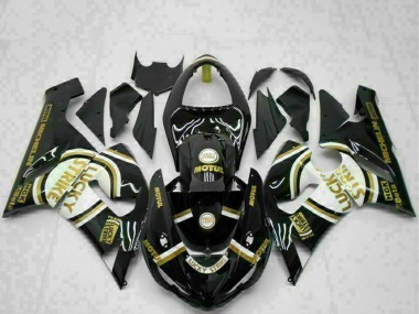 2005-2006 Glossy Black White Gold Lucky Strike Kawasaki ZX6R Motorcycle Fairings