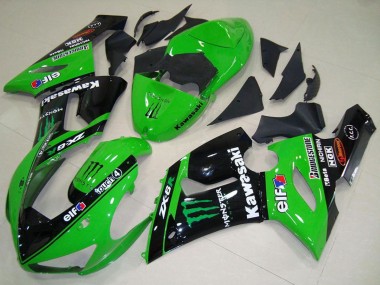 2005-2006 Green Glossy Black Elf Monster Kawasaki ZX6R Motorcycle Fairings