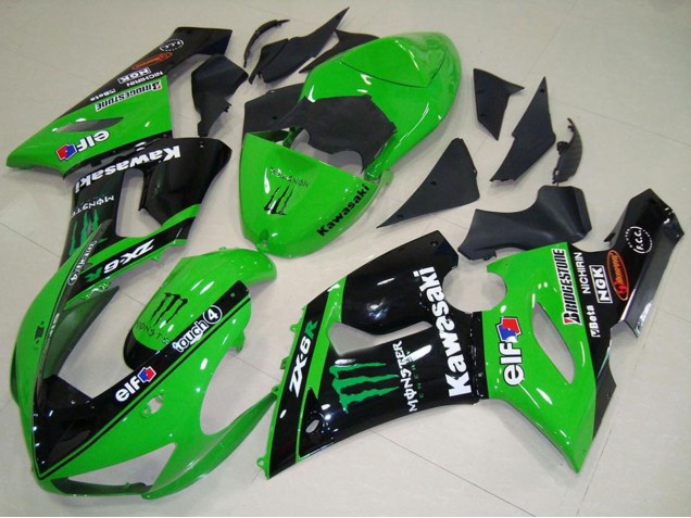 2005-2006 Green Glossy Black Elf Monster Kawasaki ZX6R Motorcycle Fairings