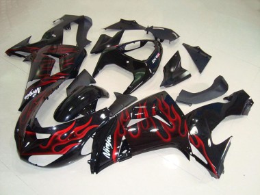 2006-2007 Glossy Black Red Flame Kawasaki ZX10R Motorcycle Fairings