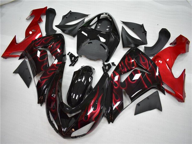2006-2007 Glossy Black Red Flame Kawasaki ZX10R Motorcycle Fairing