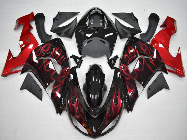 2006-2007 Glossy Black Red Flame Kawasaki ZX10R Motorcycle Fairing