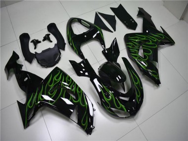2006-2007 Glossy Black Green Flame Kawasaki ZX10R Motorcycle Fairings