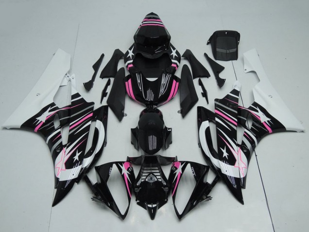2006-2007 White Glossy Black Pink Star Flame Yamaha YZF R6 Motorcycle Fairings