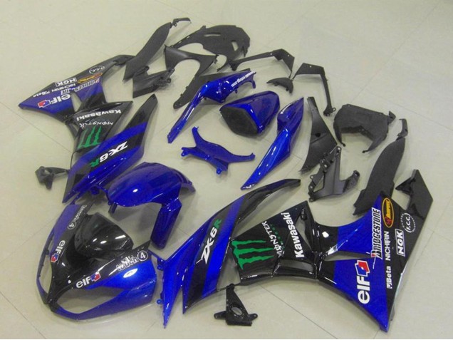2009-2012 Blue Glossy Black Green Elf Monster Bridgestone Kawasaki ZX6R Motorcycle Fairings