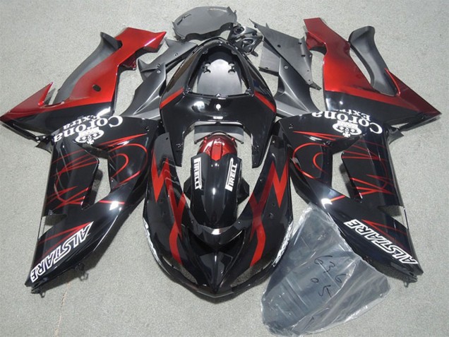 2006-2007 Glossy Black Red Flame Alstare Corona Extra Kawasaki ZX10R Motorcycle Fairings