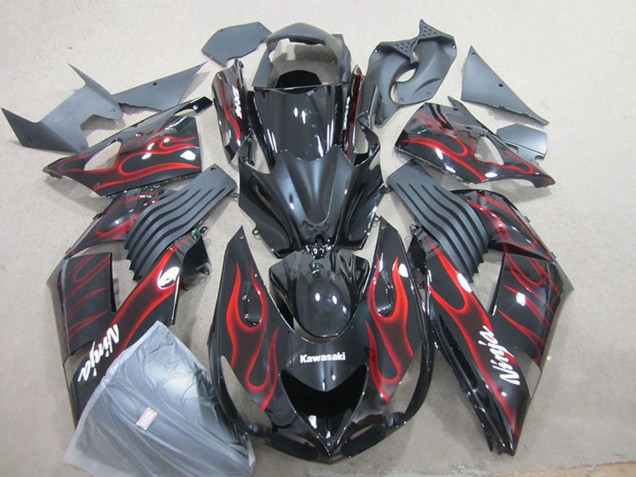 2006-2011 Glossy Black Red Flame Kawasaki ZX14R ZZR1400 Motorcycle Fairing