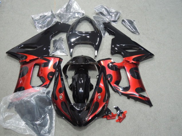 2005-2006 Glossy Black Red Kawasaki ZX6R Motorcycle Fairings