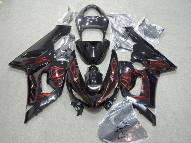 2005-2006 Glossy Black Red Flame Kawasaki ZX6R Motorcycle Fairings