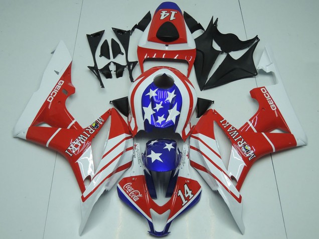 2007-2008 White Red Blue Star Geico 14 Honda CBR600RR Motorcycle Fairings