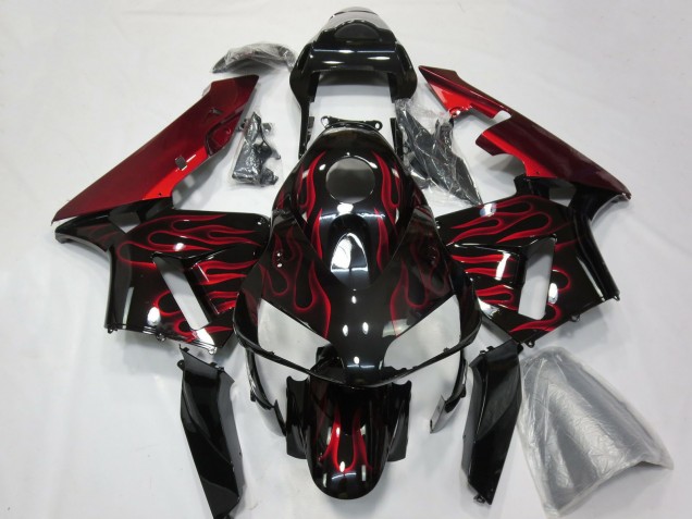 2003-2004 Glossy Black Red Flame Honda CBR600RR Motorcycle Fairings