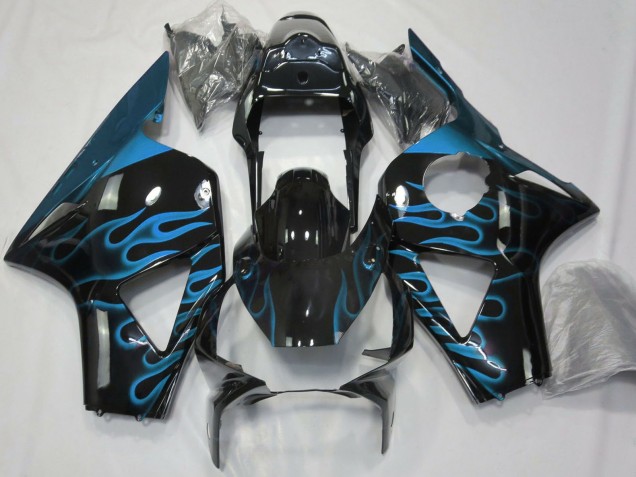 2002-2003 Glossy Black Light Blue Flame Honda CBR954RR Motorcycle Fairings