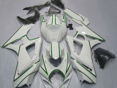 2007-2008 Glossy White Green Pin Stripe Suzuki GSXR 1000 Motorcycle Fairings