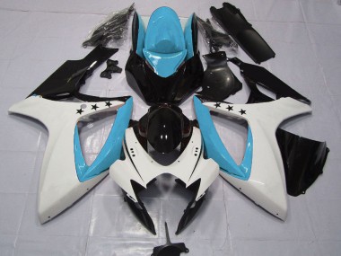 2006-2007 Light Blue White Glossy Black Star Suzuki GSXR 600 / GSXR 750 Motorcycle Fairings