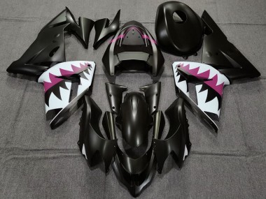 2004-2005 Matte Black and Pink Shark Kawasaki ZX10R Motorcycle Fairings