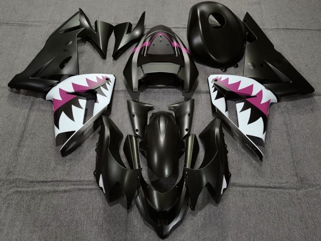 2004-2005 Matte Black and Pink Shark Kawasaki ZX10R Motorcycle Fairings