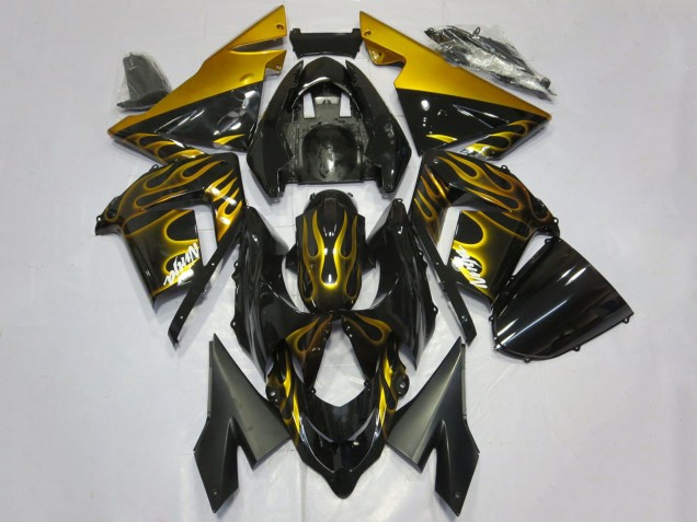 2004-2005 Glossy Black Gold Flame Kawasaki ZX10R Motorcycle Fairings