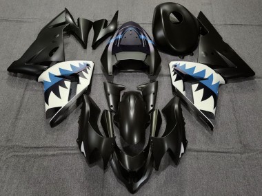 2004-2005 Matte Black and Light Blue Shark Kawasaki ZX10R Motorcycle Fairings