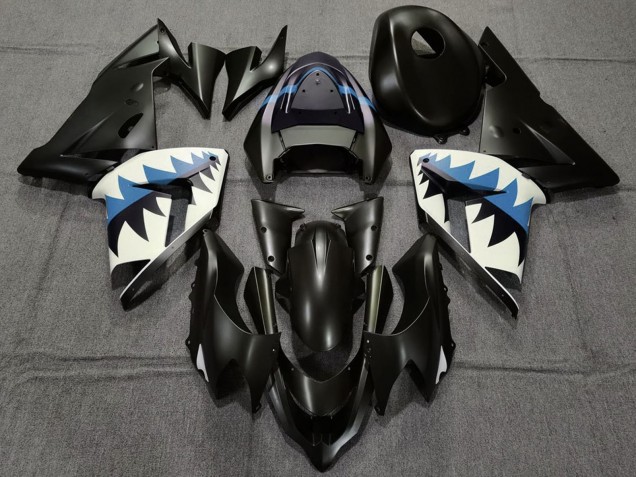 2004-2005 Matte Black and Light Blue Shark Kawasaki ZX10R Motorcycle Fairings