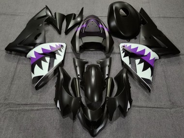 2004-2005 Matte Black and Purple Shark Kawasaki ZX10R Motorcycle Fairings