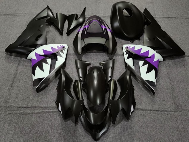 2004-2005 Matte Black and Purple Shark Kawasaki ZX10R Motorcycle Fairings