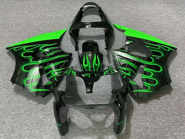 2000-2002 Glossy Black Green Flame Kawasaki ZX6R Motorcycle Fairings