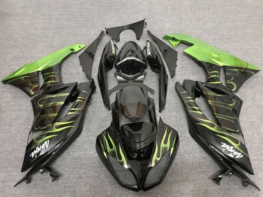 2009-2012 Glossy Black Green Flame Kawasaki ZX6R Motorcycle Fairings