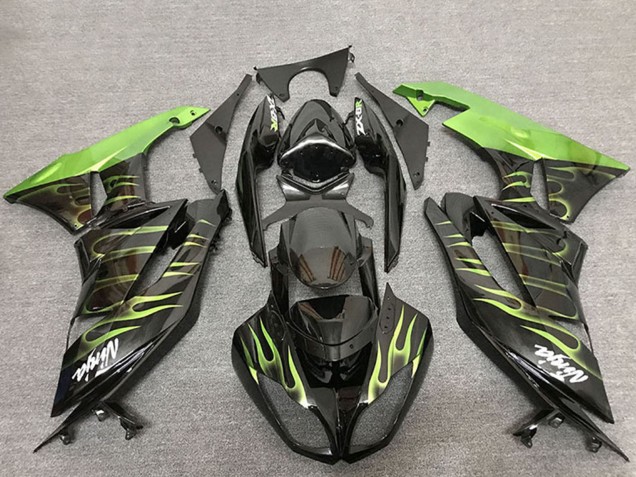 2009-2012 Glossy Black Green Flame Kawasaki ZX6R Motorcycle Fairings
