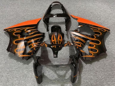 2000-2002 Glossy Black Orange Flame Kawasaki ZX6R Motorcycle Fairings