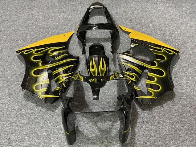 2000-2002 Glossy Black Yellow Flame Kawasaki ZX6R Motorcycle Fairings