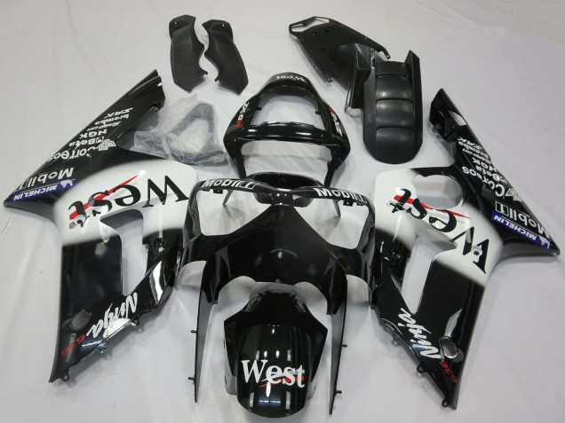 2003-2004 Glossy Black White West Kawasaki ZX6R Motorcycle Fairings