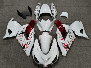 2006-2011 White Red Flame Kawasaki ZX14R Motorcycle Fairings