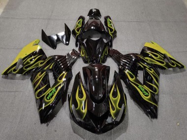 2006-2011 Glossy Black Yellow Flame Kawasaki ZX14R Motorcycle Fairings