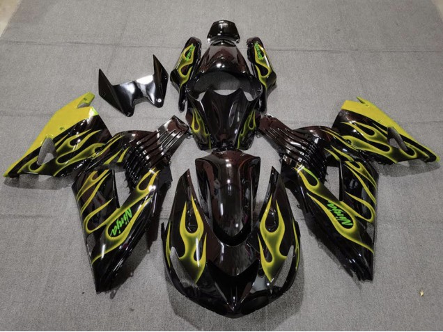 2006-2011 Glossy Black Yellow Flame Kawasaki ZX14R Motorcycle Fairings