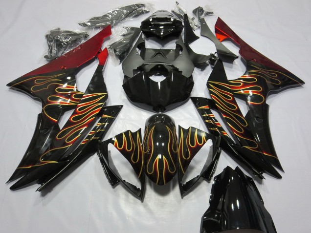 2008-2016 Red Glossy Black Gold Flame Yamaha R6 Motorcycle Fairings