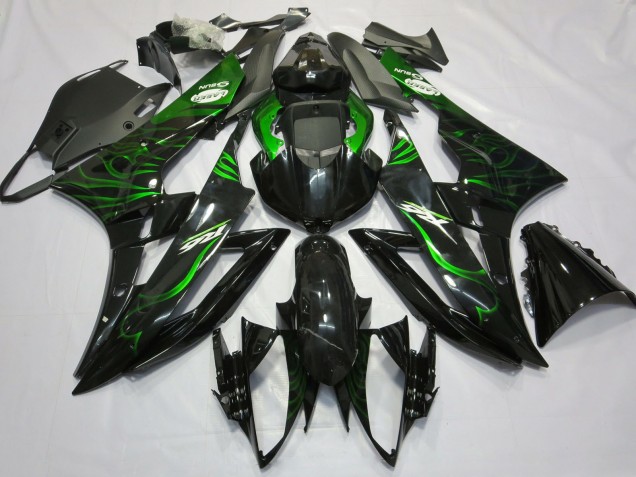 2006-2007 Glossy Black Green Flame Yamaha R6 Motorcycle Fairings