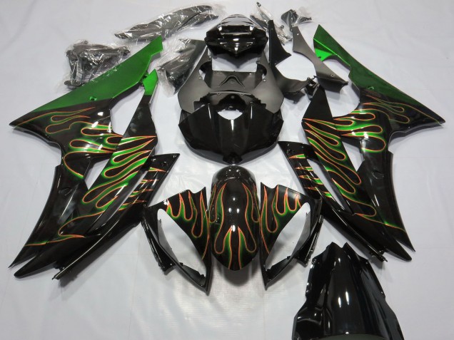 2008-2016 Green Glossy Black Gold Flame Yamaha R6 Motorcycle Fairings