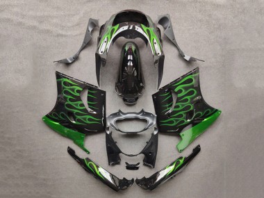 1993-2003 Glossy Black Green Flame Kawasaki ZZR1100 Motorcycle Fairings