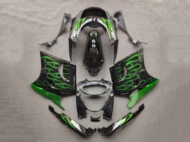 1993-2003 Glossy Black Green Flame Kawasaki ZZR1100 Motorcycle Fairings