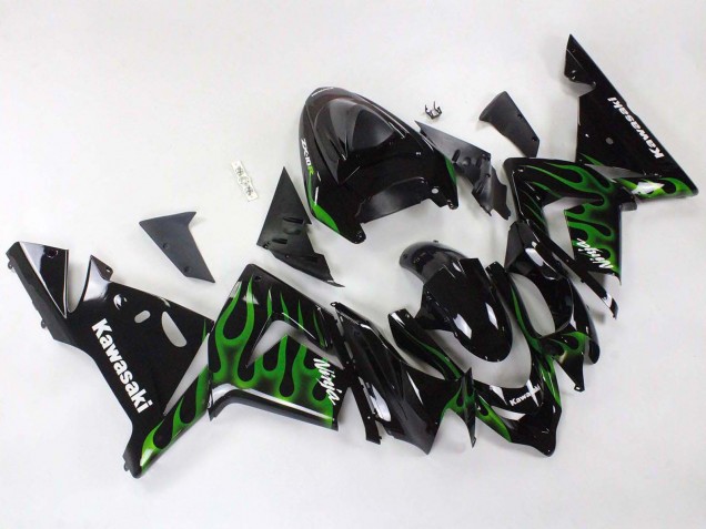 2004-2005 Black with Green Flame Ninja Kawasaki ZX10R Motorcycle Fairings
